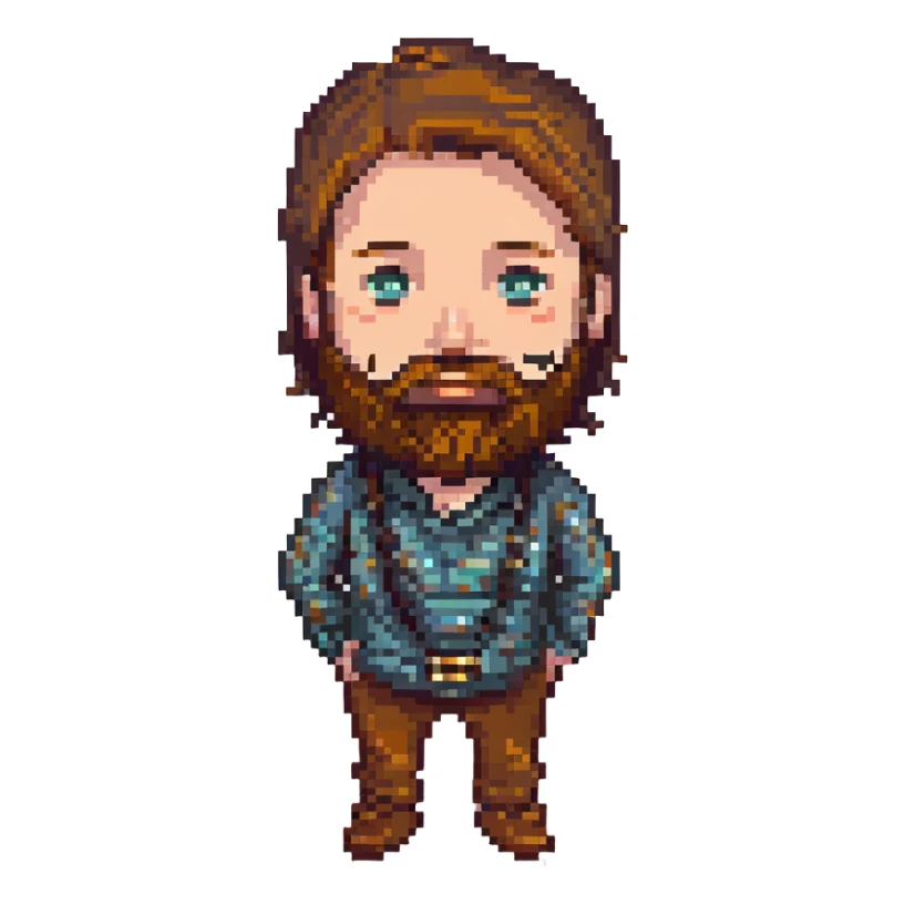 a brown haired man with a little bit of a beard, pixel art style sticker