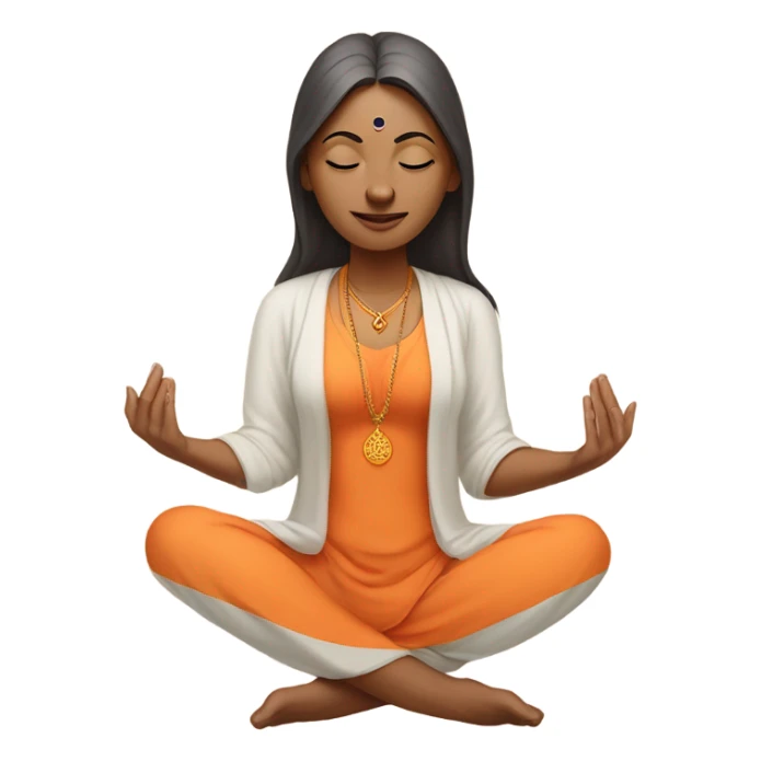 Indian female yogi with meditative expression.  sitting in a lotus position. She wears a sleeveless pastel-colored shirt paired with a flowing orange robe, symbolizing traditional yogic attire. A small red bindi adorns her forehead sticker