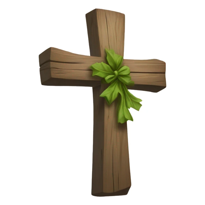 A rustic wooden cross with unevenly draped light-colored cloth, longer on the right side. Behind it, a subtle wreath of green leaves adds depth. The design is simple and symbolic. sticker
