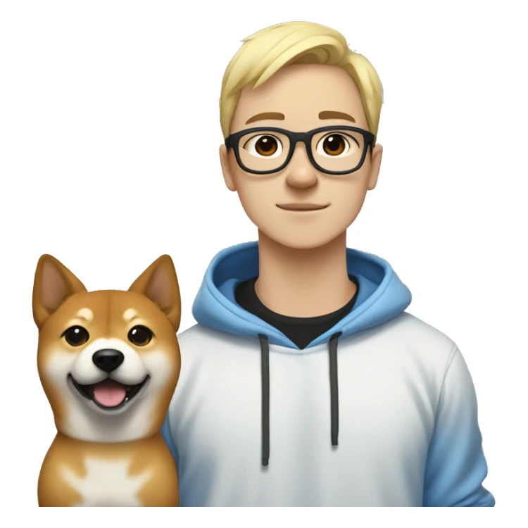 A young guy with white ponytail white skin black-framed glasses, a nose piercing, a blue hoodie and a Shiba Inu dog next to him sticker