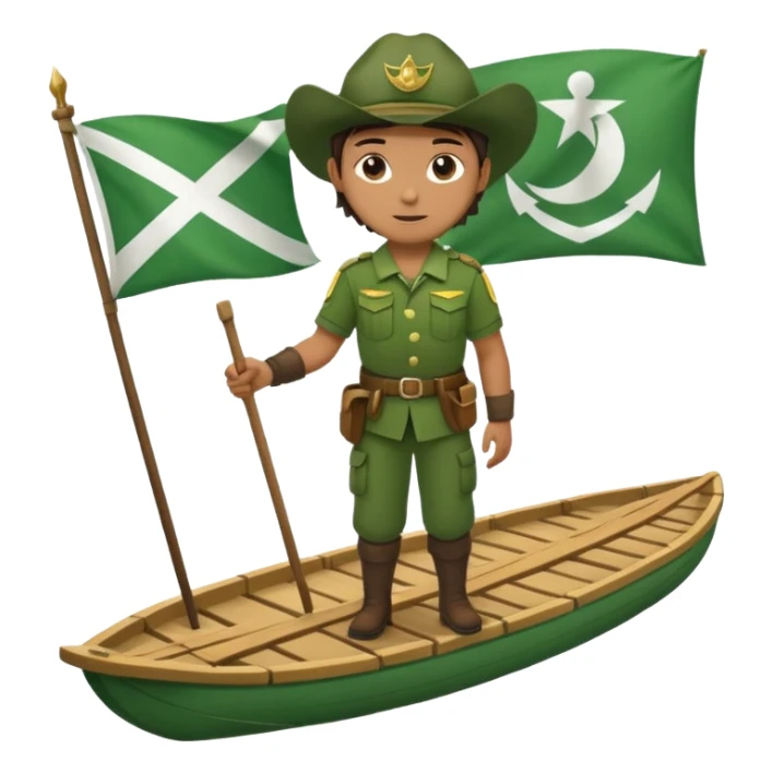 ranger on a wooden raft with a white flag sticker