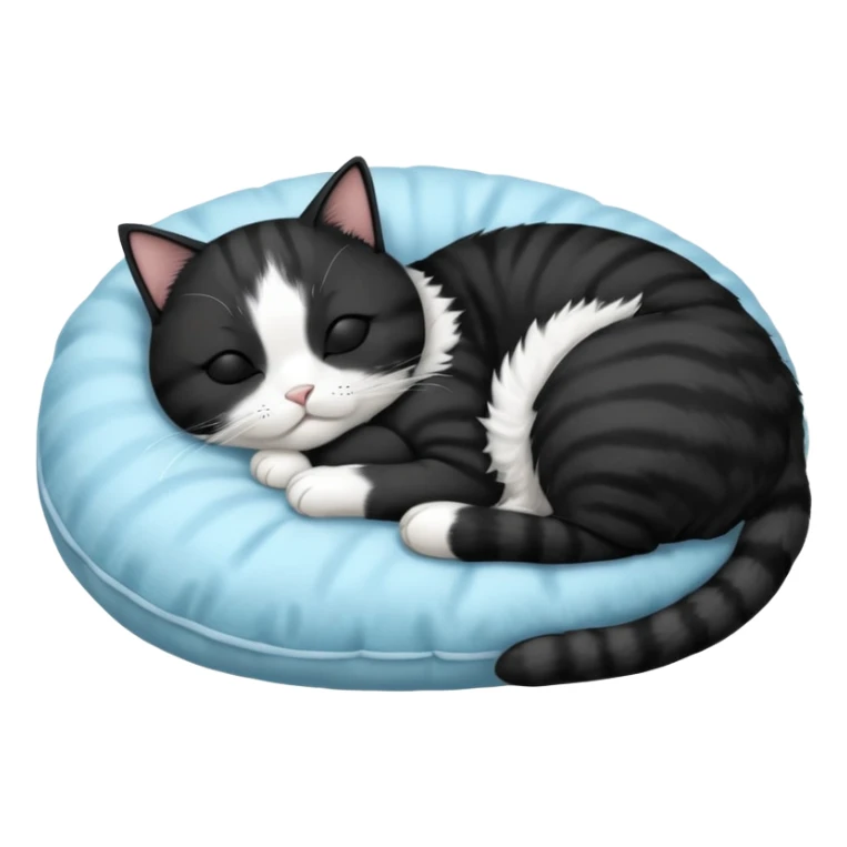 tuxedo short haired cat with his eyes closed sleeping in a lightblue pillow sticker