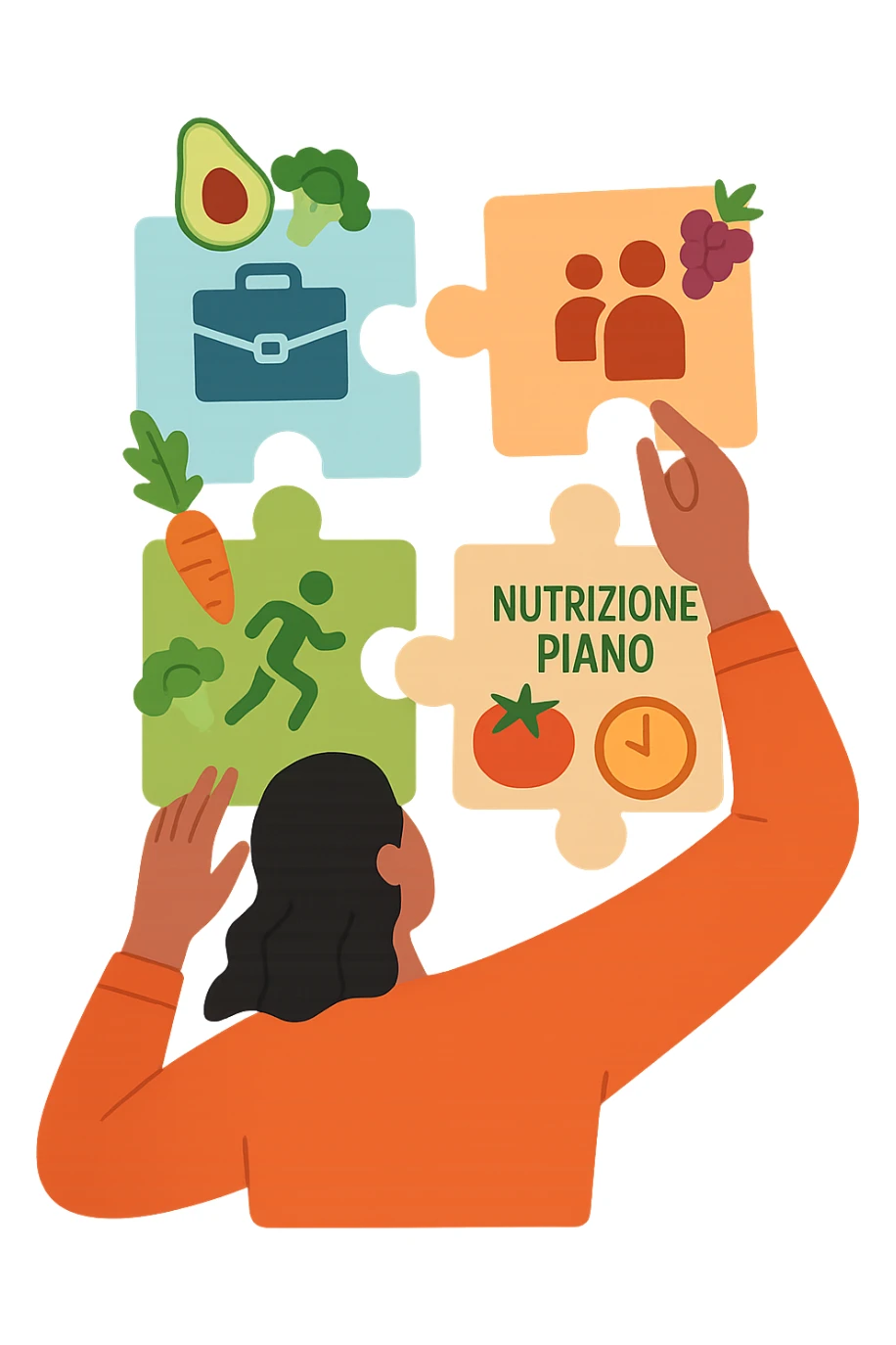 a person is surrounded by puzzle pieces, each representing a different aspect of their life (work, exercise, family, leisure), and healthy foods are integrated into each piece. The person assembles the puzzle, creating a complete, personalized nutrition plan. The mood is uplifting and creative. in italiano sticker