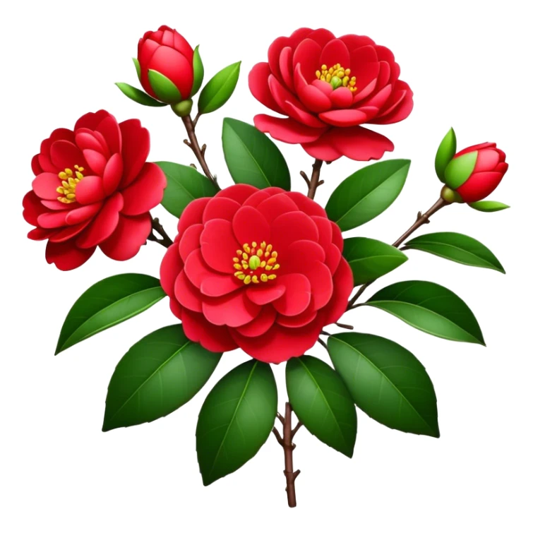 bouquet Red Camellia, luxuriant, stem, leaf, bud sticker