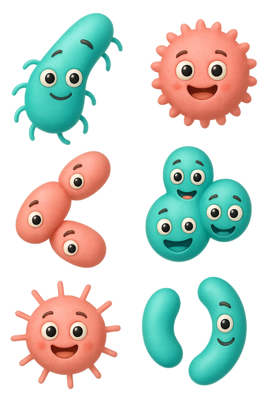 EMOJI STILE IPHONE DI 6 SPECIE DI BATTERI INTESTINALI ROSA SALMONE E TURCHESI DIVERSI TRA LORO PER FORMA, FLUTTUANO IN ARIA, IPERREALISTICO 4K sticker