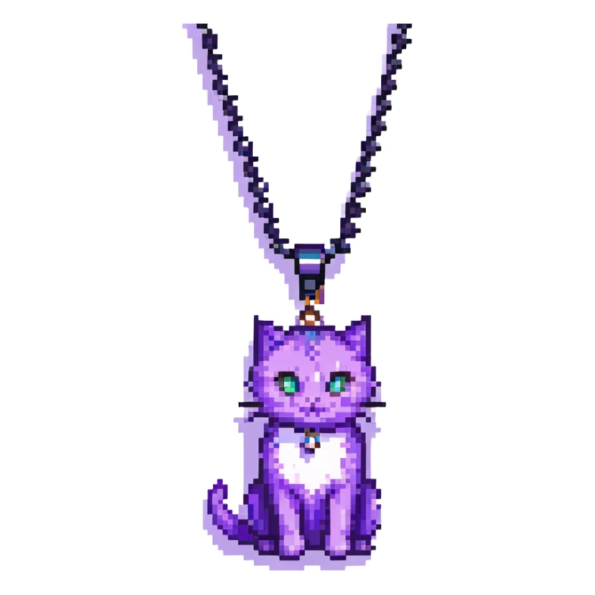 pixel art purple cat, black right eye, white pupils, crescent moon necklace sticker