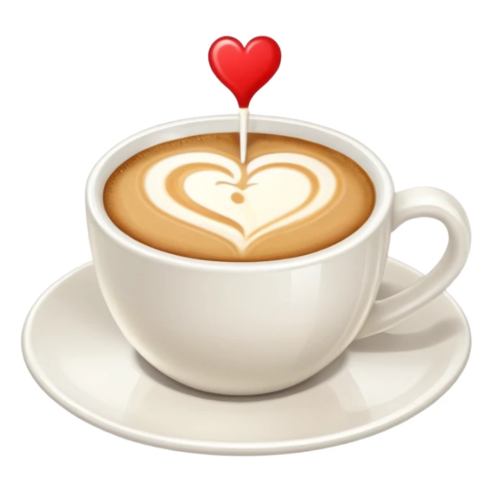 a flat white coffee without a face in a clean white coffee mug having  poured heart with latte on top sticker