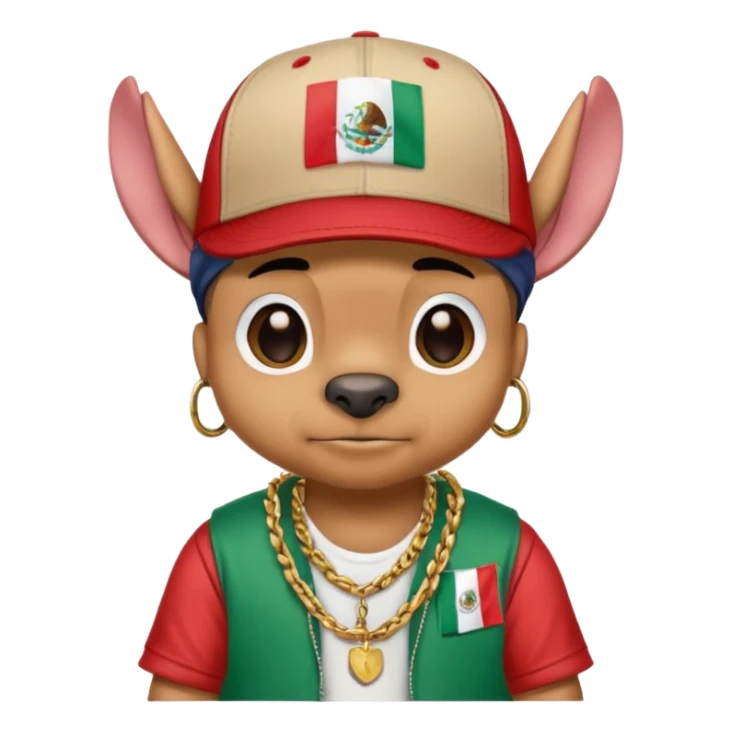 Crea un emogi de stich estilo reguetonero con una gorra con el nombre de Liam y la bandera de México en el pecho y lucho Blin blin sticker