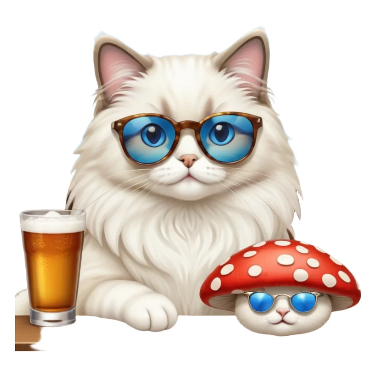 One ragdoll cat with sunglasses selling mushrooms in a bar sticker