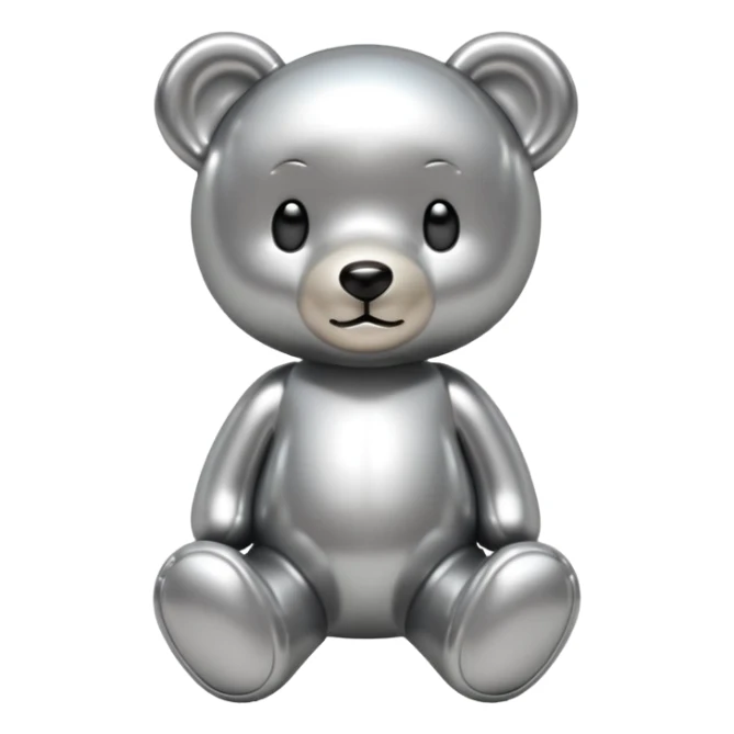 A cute teddy bear emoji made of liquid silver chrome, smooth rounded body, glossy metallic surface, soft reflections, friendly proportions, iOS emoji style, centered, clean white background sticker