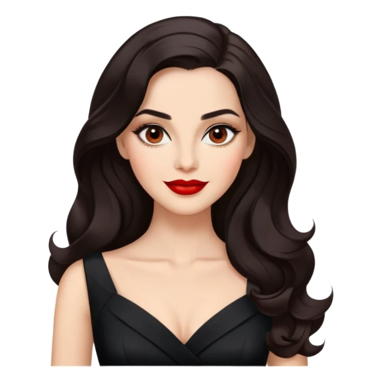Distinguished actress with bright complexion, long dark hair with soft waves, large expressive dark eyes with classic makeup, defined brows, red lipstick, wearing elegant black dress, confident professional smile sticker