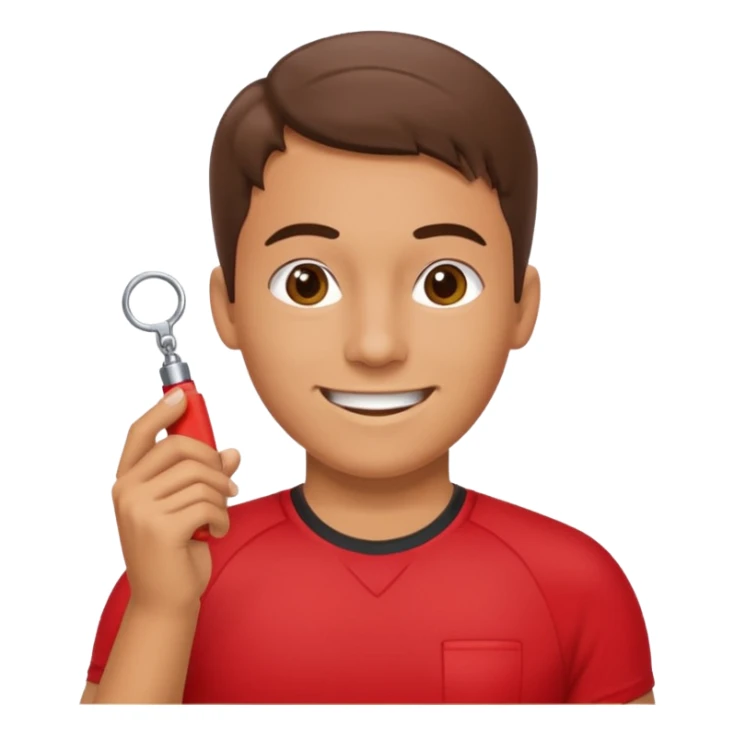 physical education teacher, smiling, holding a whistle sticker