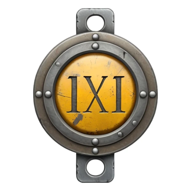 a steel badge with engraved roman numerals—looks battle worn sticker