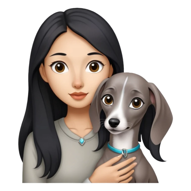 Slim Chinese girl with long black hair holding solid grey Italian greyhound with no white markings on nose sticker