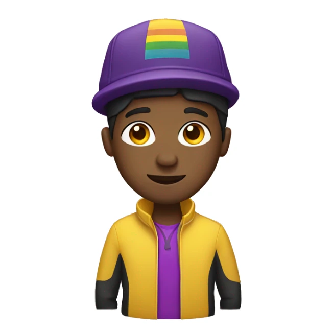 Black gay man with yellow jacket and purple hat sticker