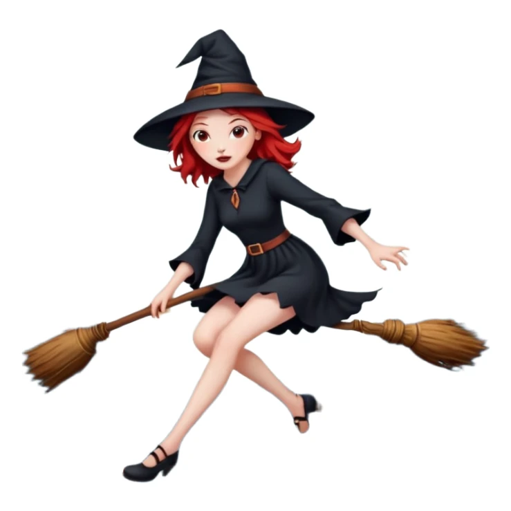 witch with red hair flying , on the background - full moon and black birds, должна сидеть на метле, ноги не касаются краев изображения sticker