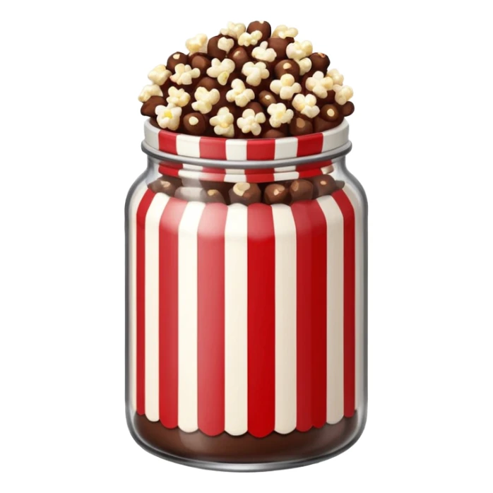 Chocolate popcorn in a jar with red and white vertical lines sticker