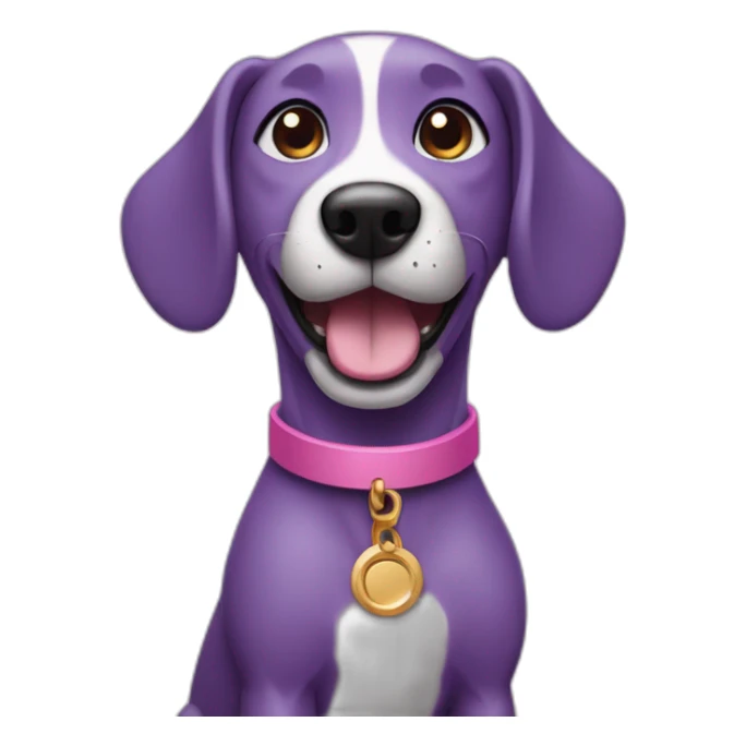 a purple dog with a brown nose and a pink collar with a bone happy  sticker