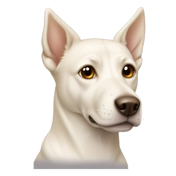 cream white colored dog, pointy ears, brown eyes, light brown nose sticker