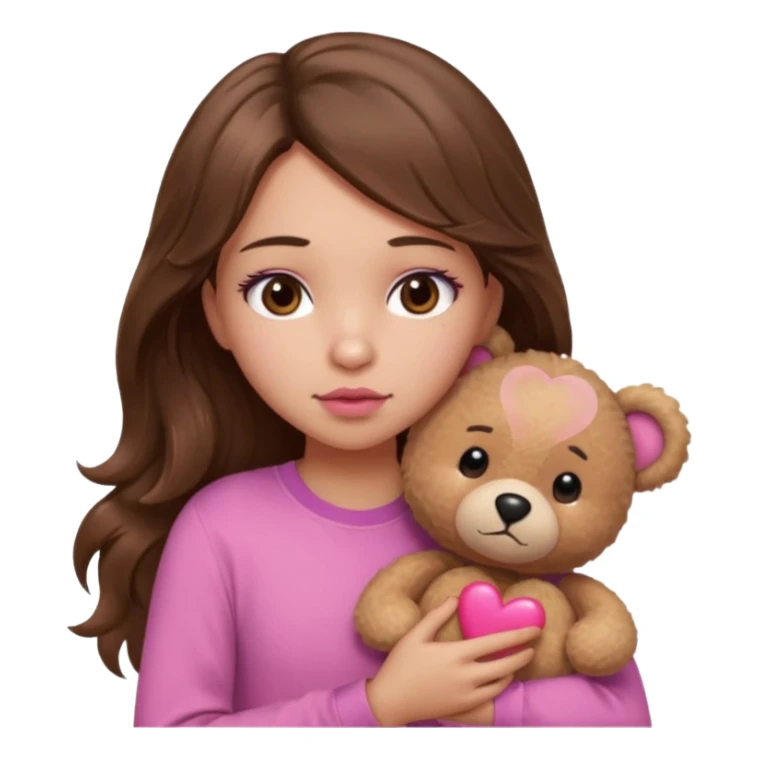 girl with long wavy brown hair, brown eyes, light to medium complexion, in a pink shirt, pink lips, long lashes, sad, hugging squeezing  a teddy bear with hearts sticker