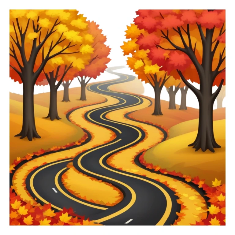 A winding black road through a path of autumn colored trees sticker