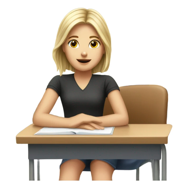 A white girl with a raised hand at a desk at school  sticker