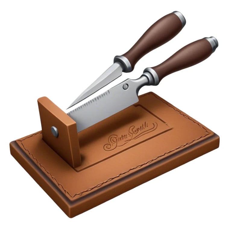 Leatherworking icon, big piece of raw leather with started engraving, engraving tool or chisel, stamp and press, textured surface, minimalistic style, clean lines, transparent background. sticker