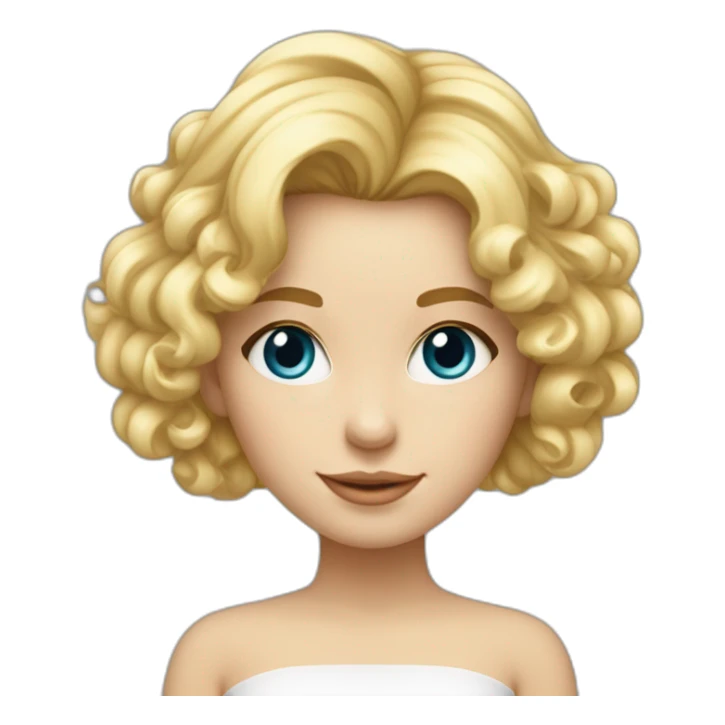 Fille blonde ,cheveux bouclé détaché vers l'arrière ,long jusque au millieu du dos et volumineux,teint blanc , yeux bleu visage un peu carré sticker