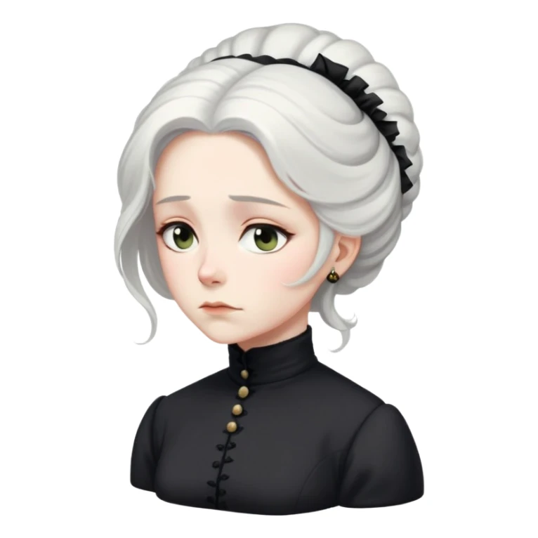 A Victorian woman with elegant coiffed white hair and light eyes wearing a modest unadorned black turtleneck mourning dress looking down with a forlorn expression sticker