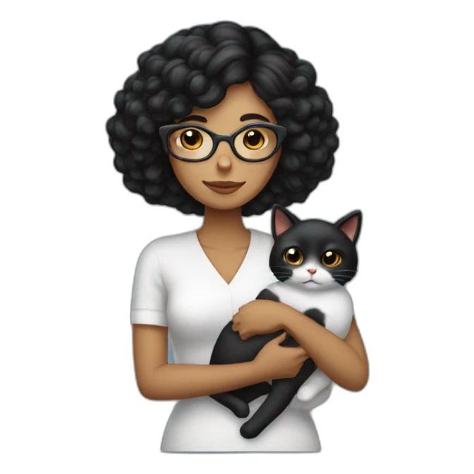 A black hair lady, wearing eyeglass,holding a Sleep cat sticker