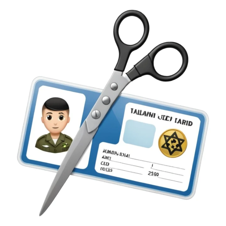Floating black Scissors cutting in half an idf soldier ID card with a little chip in 2 parts sticker