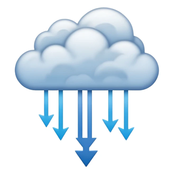 Abstract minimalist emoji showing a downward fading arrow dissolving into mist, with scattered broken lines and a heavy low-hanging cloud form above, symbolising a discipline slump and loss of structure. Muted tones, soft gradients, flat vector icon, transparent background. sticker