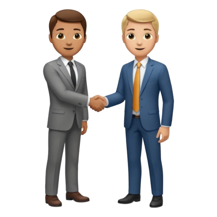 a video editor handshaking with a castomer. customer wears suit and tie but video editor wears shirt and trouser. they are handshaking inside a corporate office. sticker