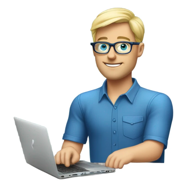man looks 35 classes, european, tech nerd love pcb designing, blue shirt blond short hair, blue eyes with specs behind macbook on with pcb on the desk sticker