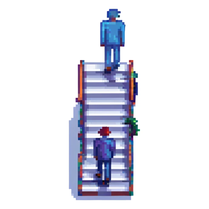 creative pixel art illustration combining a staircase and a human figure, merging their forms in a whimsical way sticker