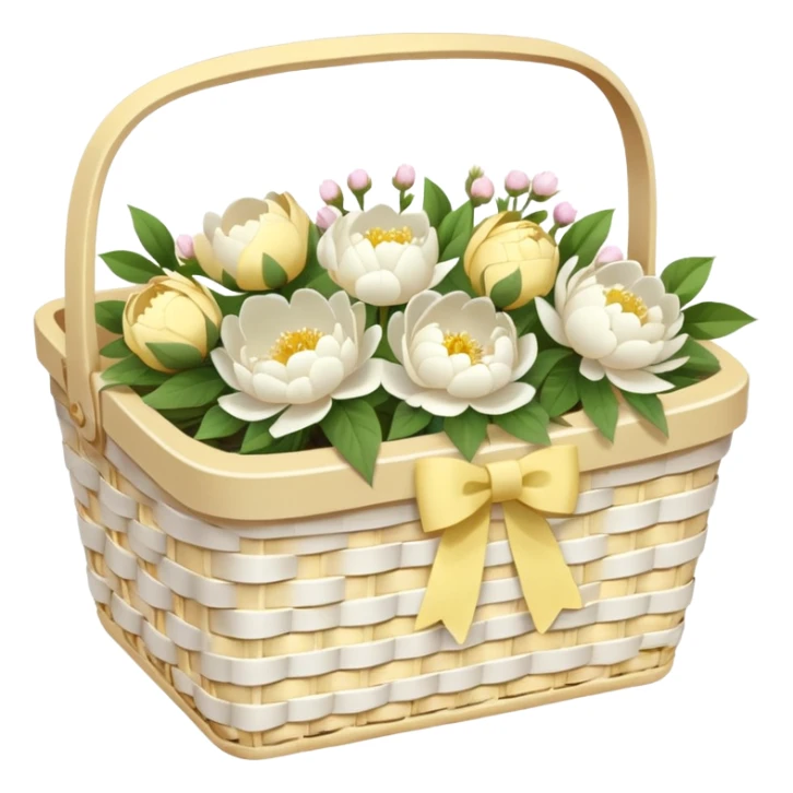 White Picnic basket with pastel yellow bow and white peonies inside sticker