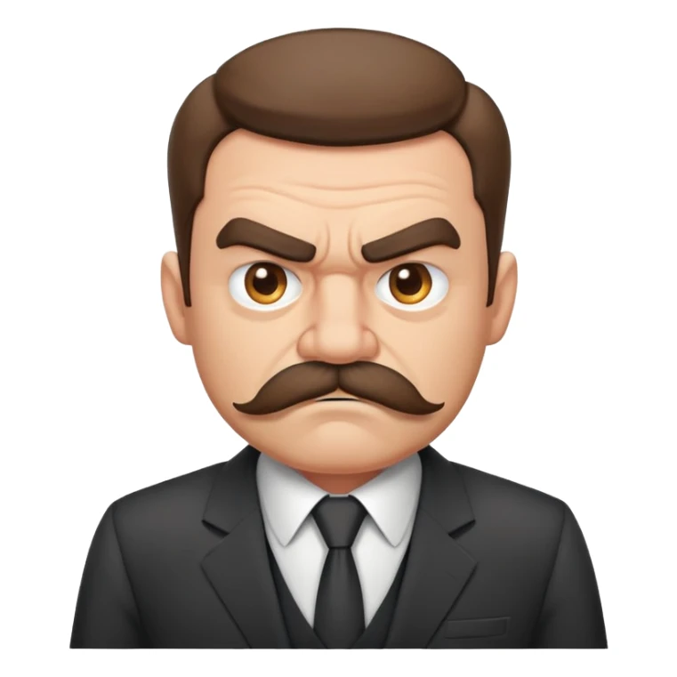 A grumpy cartoon man with a bushy mustache and angry expression, wearing a business suit sticker