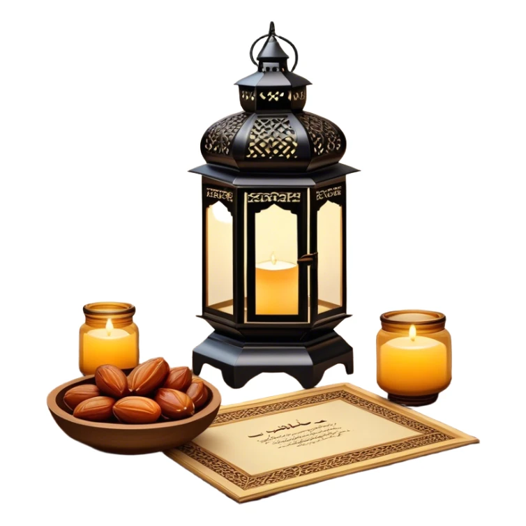 A beautifully warm and inviting Ramadan-inspired setting. A glowing ornate lantern sits on a wooden table, casting intricate patterns of light. Beside it, a decorative bowl filled with dates symbolizes hospitality and tradition.  sticker