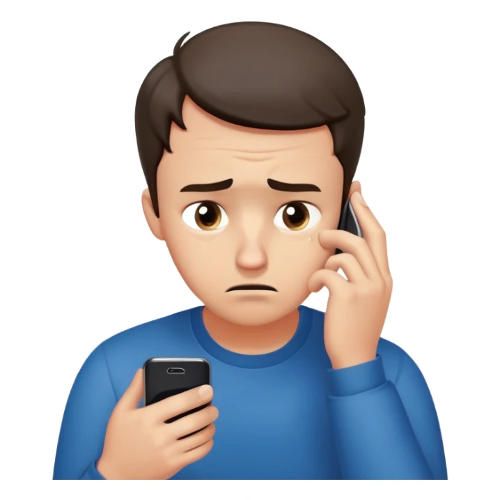 man with anxious attachment style frantically checking his phone with worried eyes and nervous expression, sweat drops on forehead, staring intensely at phone screen waiting for message reply, finger hovering over screen ready to respond immediately, notification symbols visible sticker
