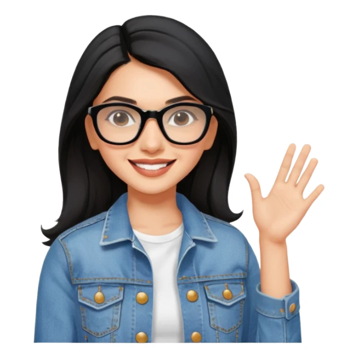 generate a pretty bratz emoji 
Make her wear a white dress with a denim jacket over it. black hair side part 

She should look exactly  like Deepika padukone. wearing rectangular spectacle, smiling sticker