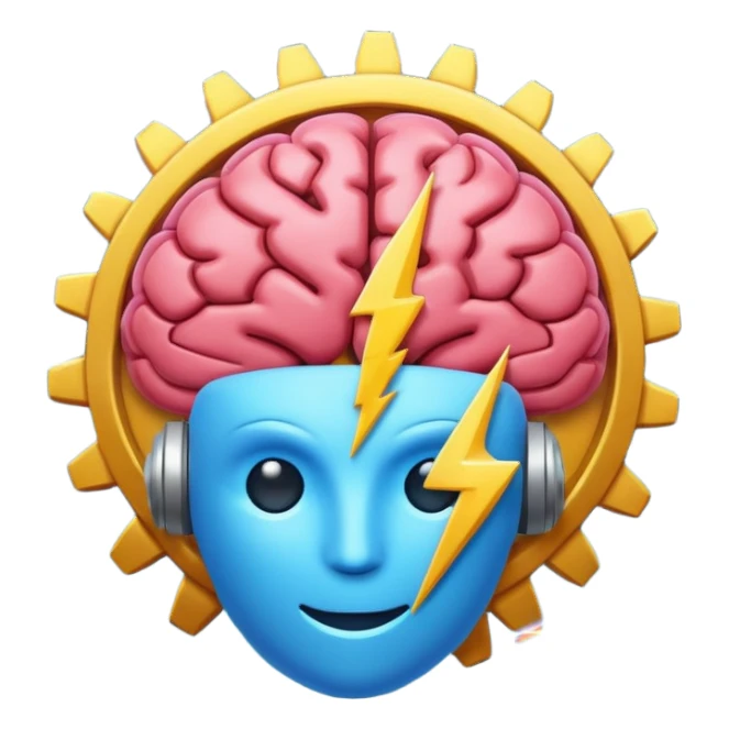modern minimalistic emoji-style icon combining a brain, a gear, and a lightning bolt, symbolizing quick smart inspiring digital meeting about AI and productivity tools, clean colorful expressive emoji logo for recurring tech session sticker