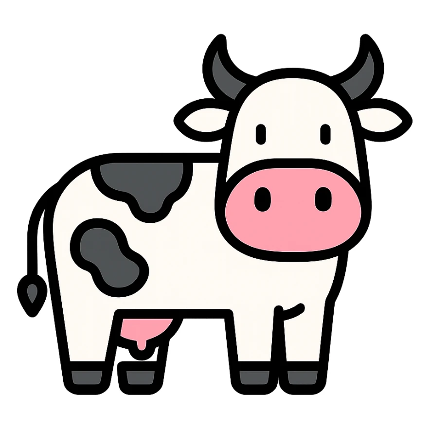 cow, modern color icon style, clean lines, simple shapes, minimal details, white and black with pink accents sticker