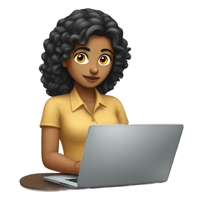 Indian woman working on laptop with long black curly hair sticker