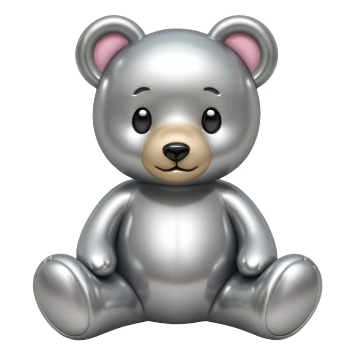 A cute teddy bear emoji made of liquid silver chrome, smooth rounded body, glossy metallic surface, soft reflections, friendly proportions, iOS emoji style, centered, clean white background sticker