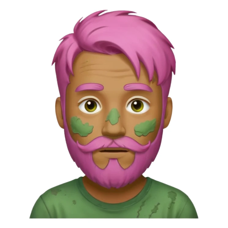 pink haired man with full full face dirty messy green clay mask and beard sticker