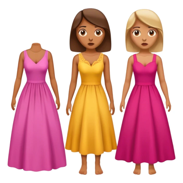 Woman standing with two dresses, looking confused, like she doesn't know what to wear sticker