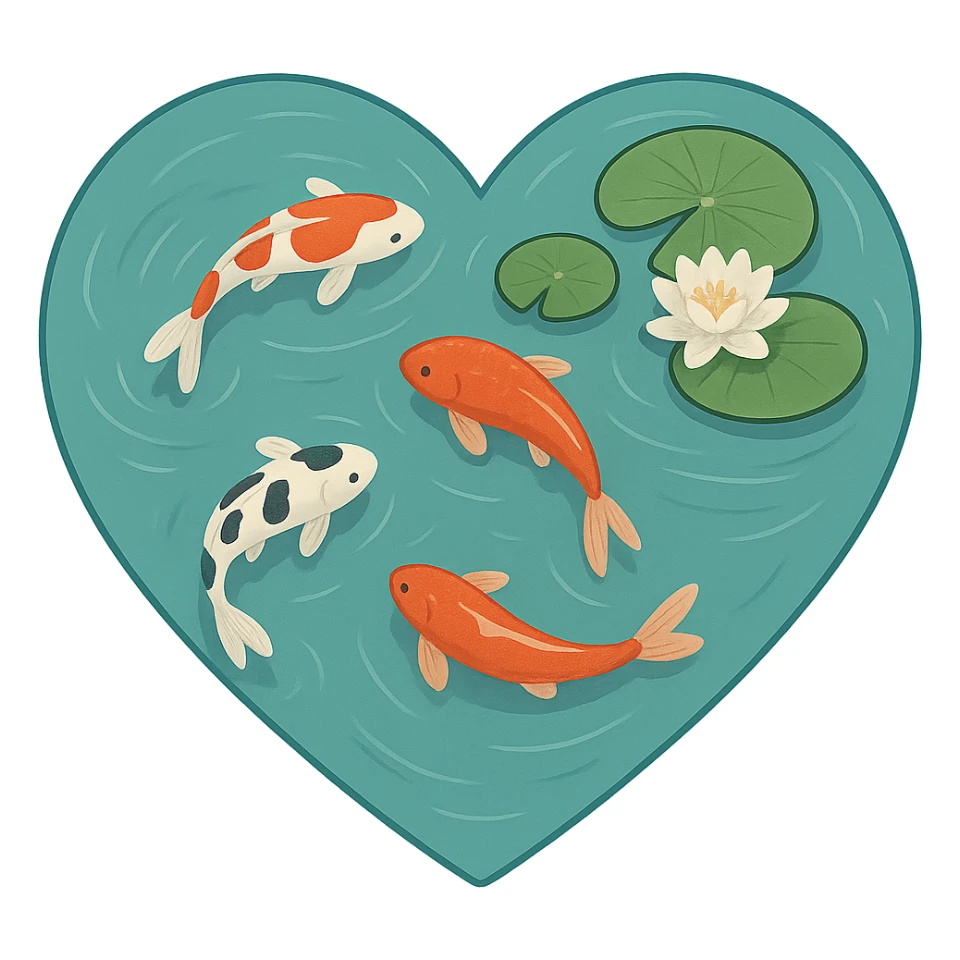 heart with a tranquil koi pond, clean digital illustration sticker