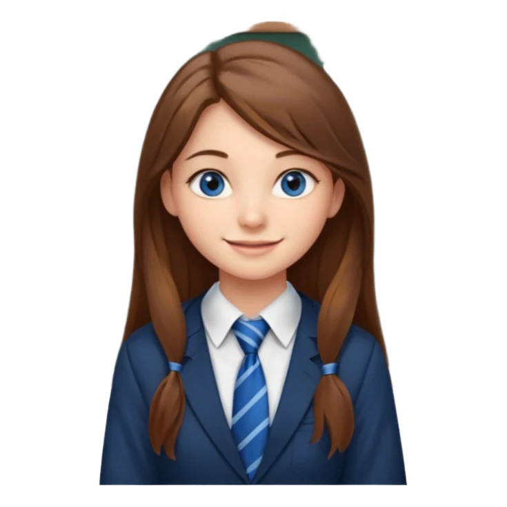 high school class room with a pretty female high school student with long brown hair, blue eyes, wearing a tie, sitting in front of the blackboard sticker