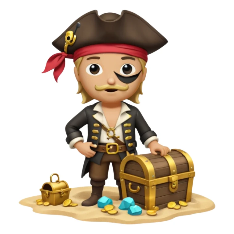 A 3D cartoon pirate with one eye covered by a black eye patch, holding a treasure chest of gold, wearing a hat, standing on sand, Memoji-style. sticker