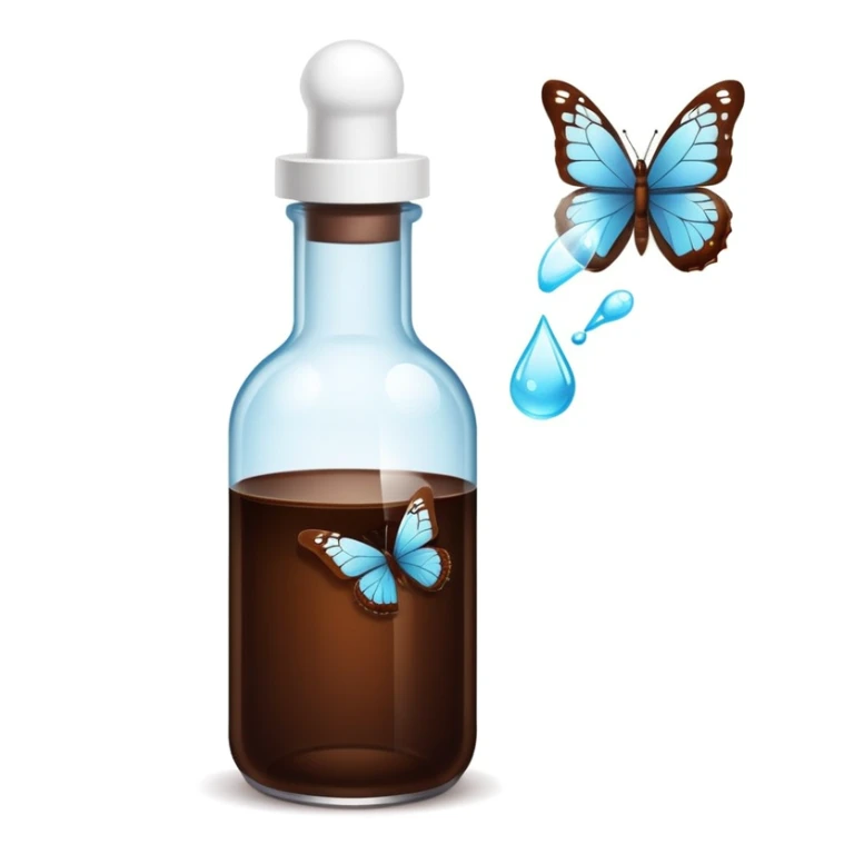 Small dark brown bottle with white cap floating next to a bright translucent butterfly-shaped thyroid icon, representing connection with metabolism and hormonal system sticker